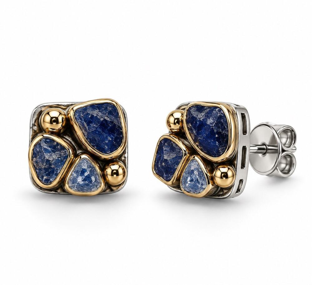 Vintage 925 Sterling Silver Blue sapphire Corundum Cluster Stud Earrings